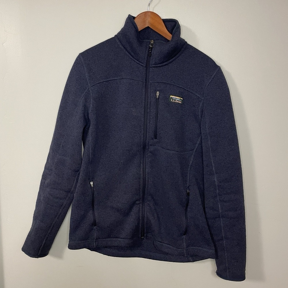 LL Bean Full Zip Sweater Jacket Men Size M Blue Fleece Lined Outdoors